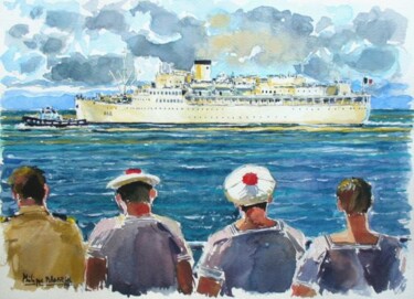 Painting titled "le batiment base Ma…" by Philippe Brobeck, Original Artwork, Watercolor