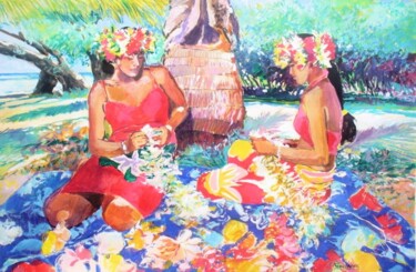 Peinture intitulée ""Tahitiennes aux fl…" par Philippe Brobeck, Œuvre d'art originale, Gouache