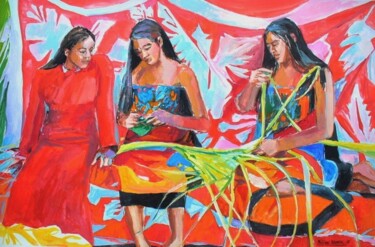 Картина под названием ""Tahitiennes qui tr…" - Philippe Brobeck, Подлинное произведение искусства, Гуашь