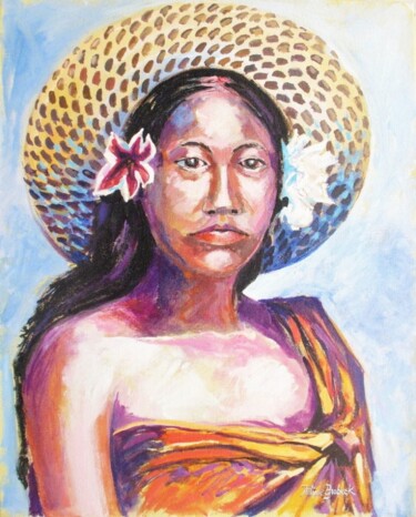 Картина под названием ""Tahitienne au chap…" - Philippe Brobeck, Подлинное произведение искусства, Акрил