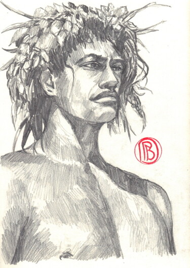 Drawing titled ""Jeune tahitien"" by Philippe Brobeck, Original Artwork, Pencil