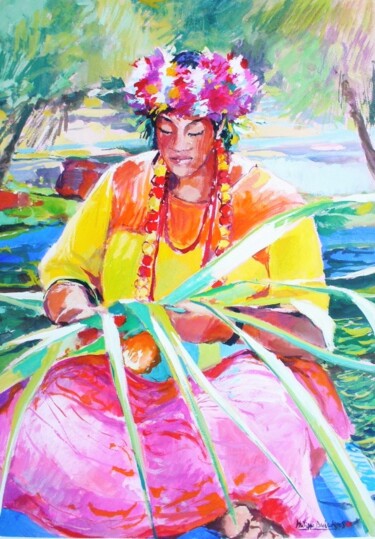 Peinture intitulée ""Tahitienne assise"" par Philippe Brobeck, Œuvre d'art originale, Gouache