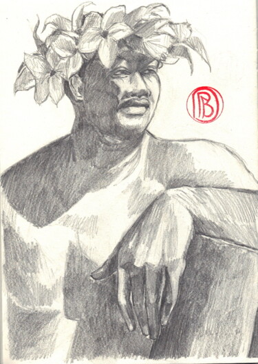 Dessin intitulée ""Tahitien accoudé"" par Philippe Brobeck, Œuvre d'art originale, Crayon