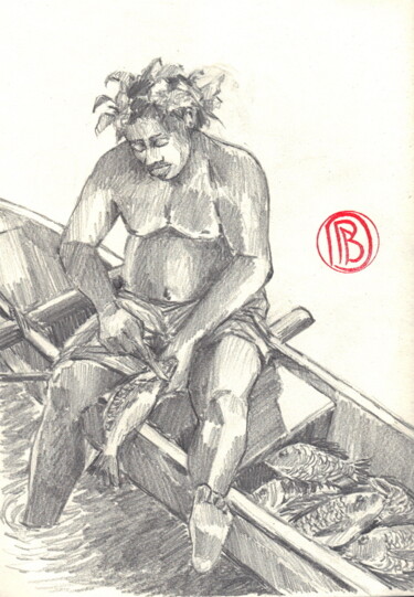 Drawing titled ""La petite pêche de…" by Philippe Brobeck, Original Artwork, Pencil