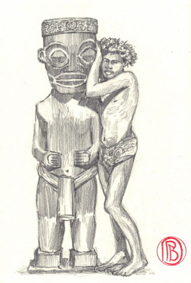 Drawing titled "" L'enfant au tiki "" by Philippe Brobeck, Original Artwork, Pencil