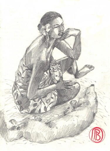 Drawing titled "" Vahiné avec un ch…" by Philippe Brobeck, Original Artwork, Pencil