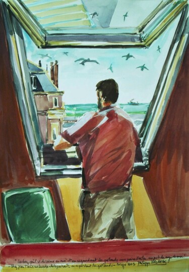 Painting titled "autoportrait à rega…" by Philippe Brobeck, Original Artwork, Gouache