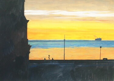 Картина под названием "Ferry au couchant D…" - Philippe Brobeck, Подлинное произведение искусства, Гуашь