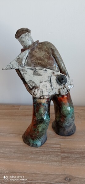 Sculpture intitulée "pêcheur et poisson" par Philippe Coeurdevey, Œuvre d'art originale, Argile
