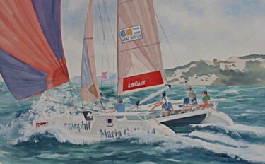 Painting titled "Catamaran de course" by Philippe Conrad, Original Artwork, Watercolor