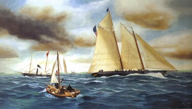 Malerei mit dem Titel "La goelette America…" von Philippe Conrad, Original-Kunstwerk, Öl