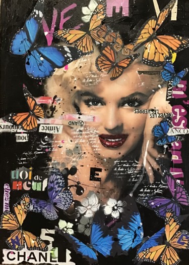 Collages intitolato "Maryline buttterfli…" da Fabienne Dagnet, Opera d'arte originale, Collages