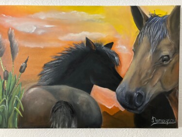 Painting titled "Les Chevaux" by Philippe Damoizeau, Original Artwork, Oil