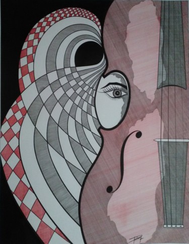 Drawing titled "L'oeil du violoncel…" by Philem, Original Artwork, Ink