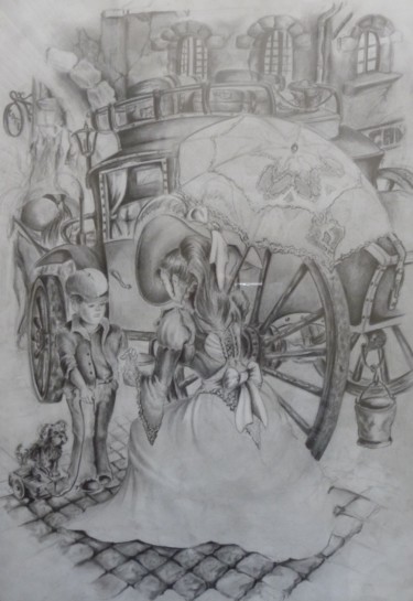 Drawing titled "la caleche" by Philippe Dran, Original Artwork, Pencil