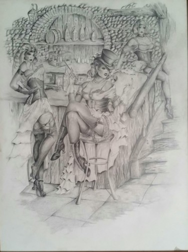 Drawing titled "la taverne" by Philippe Dran, Original Artwork, Pencil