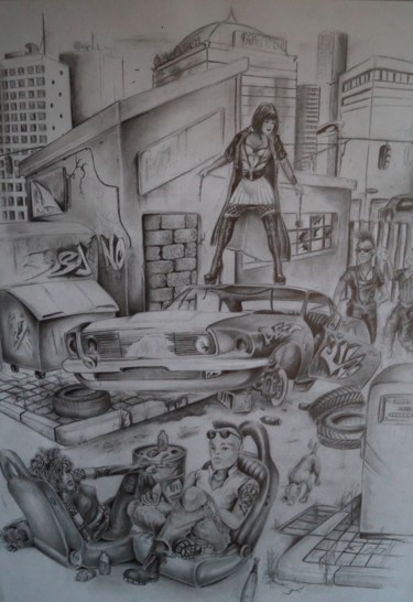 Drawing titled "scene de new york" by Philippe Dran, Original Artwork, Pencil