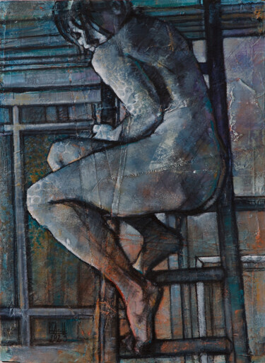 Pintura intitulada "Nu à  l'échelle" por Philippe-Emmanuel Amirault, Obras de arte originais, Óleo