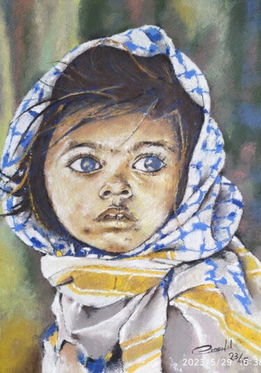 Schilderij getiteld "Enfant-sguardo guja…" door Philippe Ernauld, Origineel Kunstwerk, Pastel Gemonteerd op Houten paneel