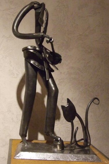 Sculpture intitulée "Le chat gourmand" par Philippe Fautrez, Œuvre d'art originale