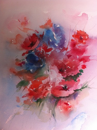 Schilderij getiteld "Flowers poppies" door Gaury, Origineel Kunstwerk, Aquarel
