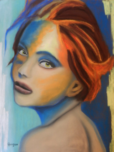 Painting titled "Cheveux roux" by Philippe Guigon, Original Artwork, Pastel Mounted on Wood Stretcher frame