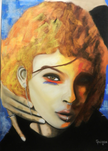 Drawing titled "Rebelle" by Philippe Guigon, Original Artwork, Pastel Mounted on Wood Stretcher frame