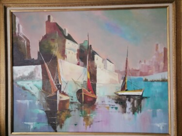 Painting titled "Port" by Philippe Hubert, Original Artwork, Oil Mounted on Wood Stretcher frame