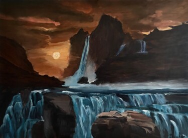 Painting titled "Montagnes, chutes e…" by Philippe Kocher, Original Artwork, Acrylic Mounted on Wood Stretcher frame
