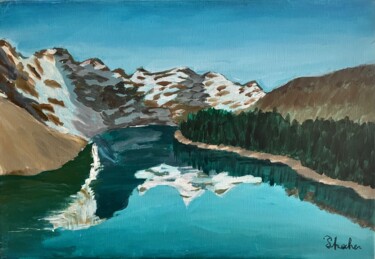 Painting titled "Montagnes et Lac 1" by Philippe Kocher, Original Artwork, Acrylic Mounted on Wood Stretcher frame