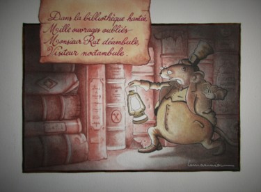 Drawing titled "Dans la bibliothèqu…" by Philippe Lemarinier, Original Artwork, Pastel