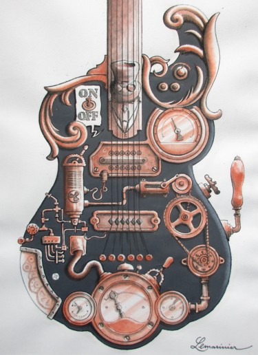 Guitare steampunk Dessin intitulée "Guitare steampunk" par Philippe Lemarinier, Œuvre d'art originale, Autre