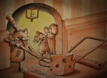 Dessin intitulée "Monsieur Rat prend…" par Philippe Lemarinier, Œuvre d'art originale, Pastel Monté sur Panneau de bois