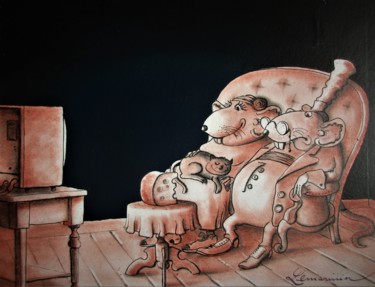 Dessin intitulée "Soirée télé chez Mo…" par Philippe Lemarinier, Œuvre d'art originale, Pastel Monté sur Panneau de bois