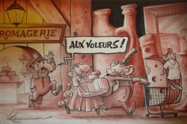 Drawing titled "Hold up à la fromag…" by Philippe Lemarinier, Original Artwork, Pastel Mounted on Wood Panel
