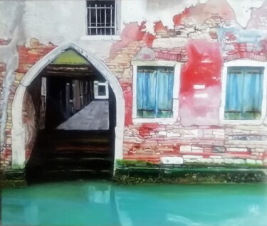 Painting titled ""Le canal"" by Philippe Lemesle, Original Artwork, Oil Mounted on Wood Stretcher frame