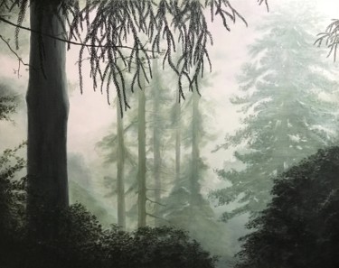 Schilderij getiteld "DAWN, MISTY FOREST" door Philippe Manson, Origineel Kunstwerk, Acryl