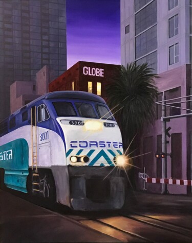 Painting titled "Early Morning train" by Philippe Manson, Original Artwork, Acrylic Mounted on Wood Stretcher frame
