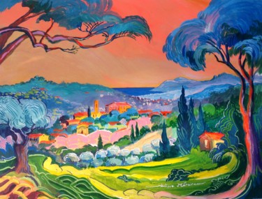 Painting titled "Pink sky in Opio" by Philippe Metaireau, Original Artwork