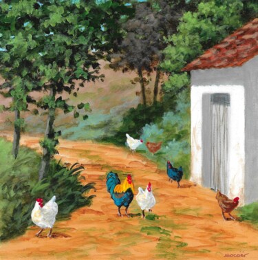 Peinture intitulée "Poules et coq dans…" par Philippe Mocaër, Œuvre d'art originale, Acrylique Monté sur Panneau de bois