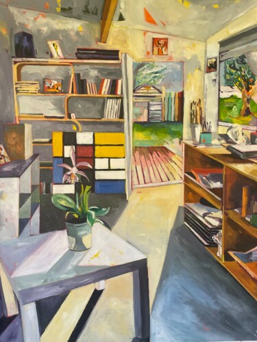 Painting titled "Atelier de jour (Mo…" by Philippe Pradier, Original Artwork, Oil Mounted on Wood Stretcher frame