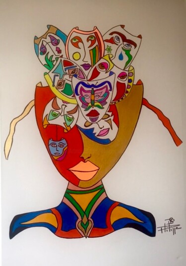 Painting titled "Golden mask" by Philippe Seigle, Original Artwork, Acrylic