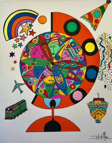 Peinture intitulée "La planète en fête" par Philippe Seigle, Œuvre d'art originale, Acrylique