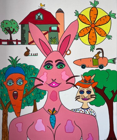 Painting titled "Bunny’s land" by Philippe Seigle, Original Artwork, Acrylic Mounted on Wood Stretcher frame