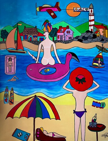 Painting titled "La plage aux dames" by Philippe Seigle, Original Artwork, Acrylic Mounted on Wood Stretcher frame