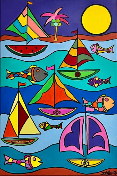 Painting titled "Bateaux-Fruits" by Philippe Seigle, Original Artwork, Acrylic Mounted on Wood Stretcher frame