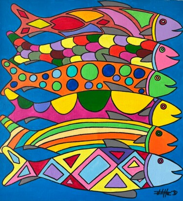 Painting titled "Les sardines copines" by Philippe Seigle, Original Artwork, Acrylic Mounted on Wood Stretcher frame