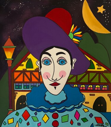 Painting titled "Pierrot tendresse" by Philippe Seigle, Original Artwork, Acrylic Mounted on Wood Stretcher frame