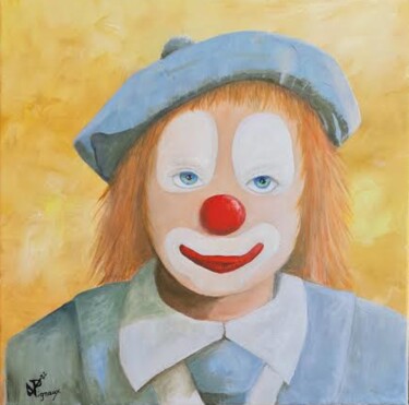 Painting titled "Clown au beret" by Philippe Vignaux, Original Artwork, Oil Mounted on Wood Stretcher frame