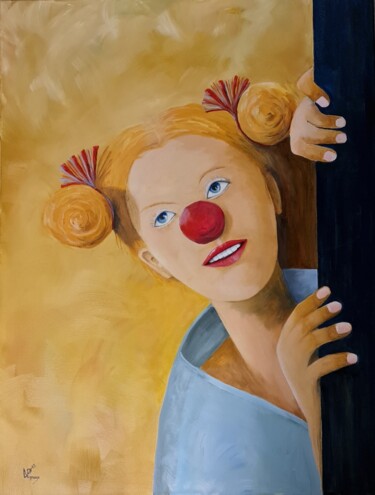 Painting titled "La Femme du Clown a…" by Philippe Vignaux, Original Artwork, Oil Mounted on Wood Stretcher frame